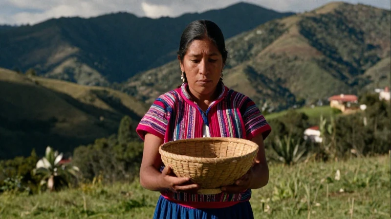 Nayars: Tradiciones, Cultura y Legado del Pueblo Nayar 26 Mujer nayareña tradicional con cesta en paisaje mexicano