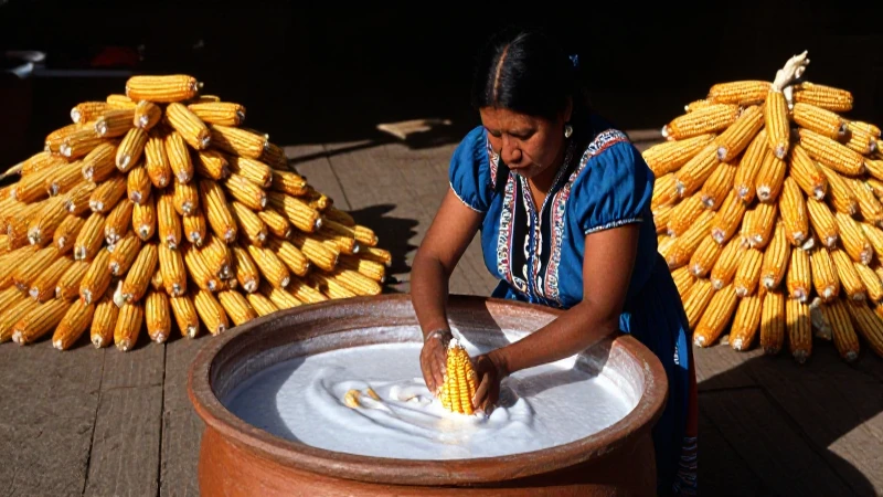 Mujer indígena procesa maíz con soluciones alcalinas