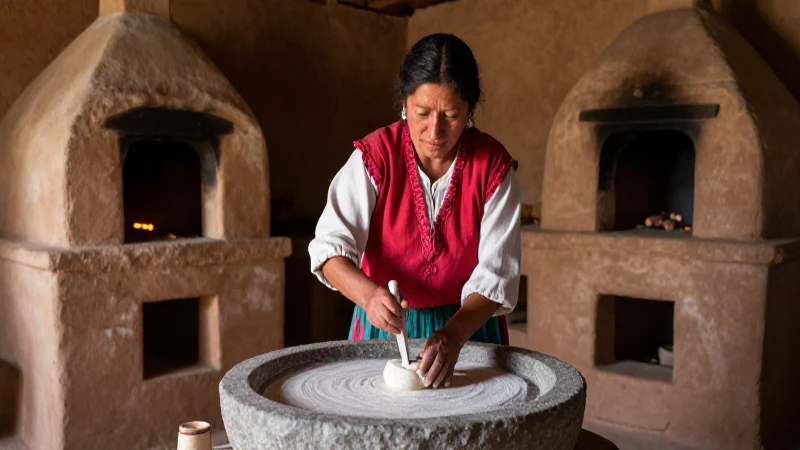 Mujer tradicional moliendo masa en metate rústico