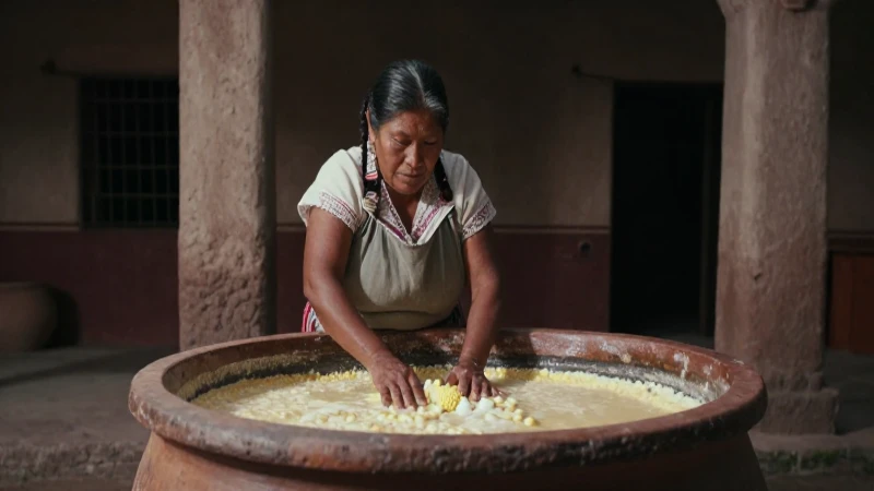 Mujer mexicana nixtamalizando en un patio rústico