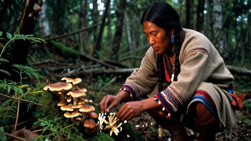 Cuáles son los hongos tradicionales y sus significados 44 Chaman indígena recolectando hongos medicinales en selva
