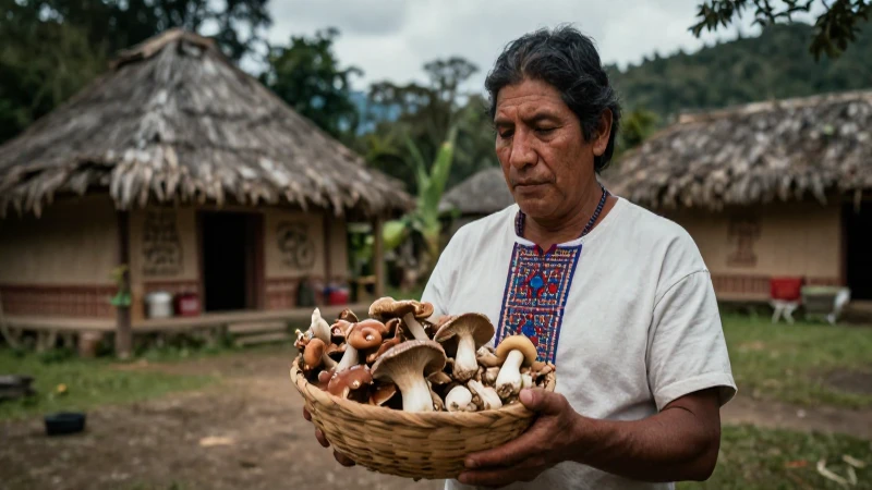 Cuáles son los hongos tradicionales y sus significados 38 Nahual con hongos en aldea mesoamericana