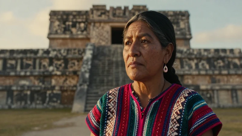 Dignificada mujer zapoteca frente a arquitectura antigua