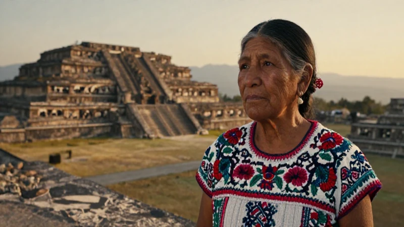 Anciana zapoteca ante ruinas ancestrales en Monte Albán
