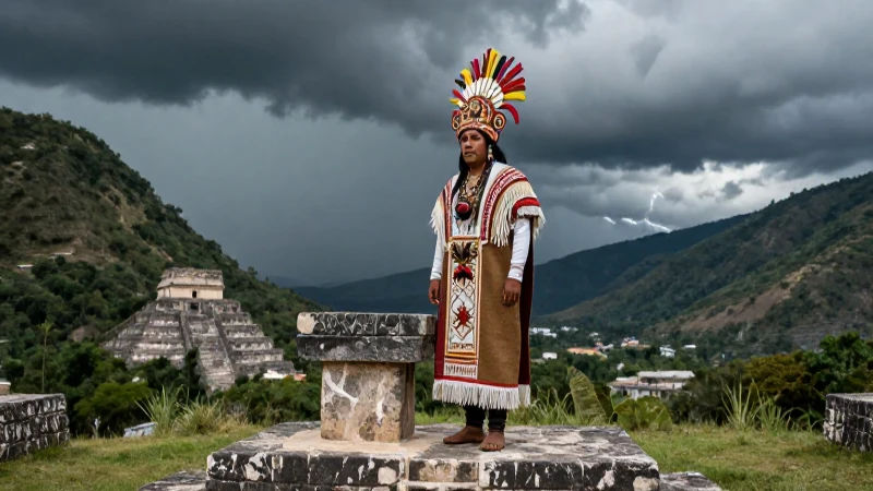 Líder zapoteca frente a altar y tormenta dramática