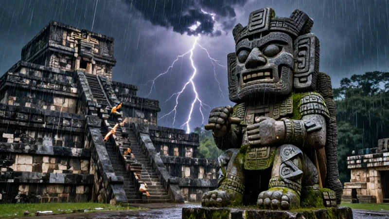 Tlaloc, dios azteca, ritual bajo tormentas