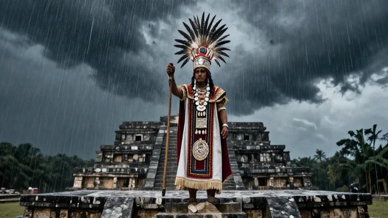 Sacerdote realiza ritual bajo tormentas en templo antiguo