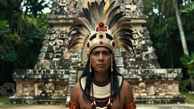 Nombres mayas y su significado: Esencia ancestral de México 22 Noble maya con penacho en templo antiguo y selva