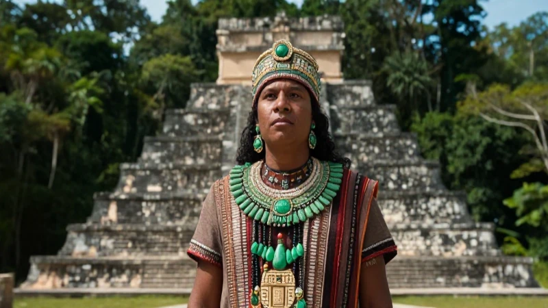Nombres mayas y su significado: Esencia ancestral de México 20 Maya noble ante la majestuosa pirámide