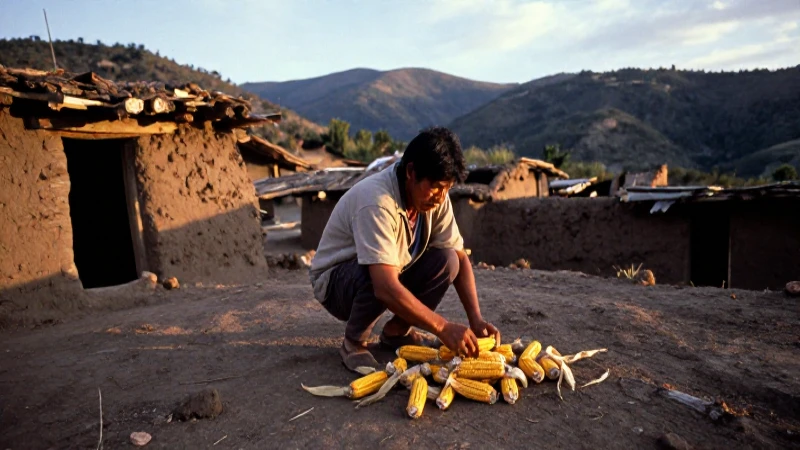 Indígena cultivando en paisaje mesoamericano