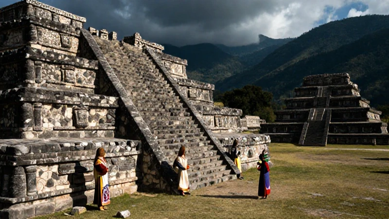 Ruinas de Nonoalco, figuras Mexicas bajo sol dramático