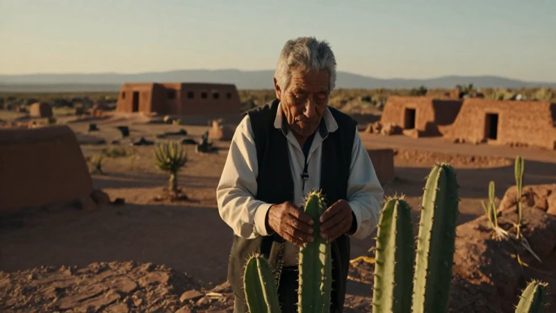 Anciano curandero recolectando nopal en árido paisaje ancestral