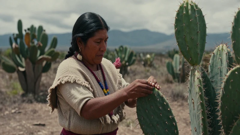 Mujer indígena recolectando nopal en paisaje antiguo