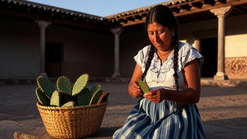 Mujer nativa pelando nopal en patio colonial