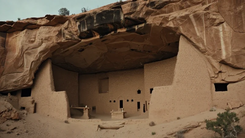 Figura ancestral cerca de una vivienda en desierto árido