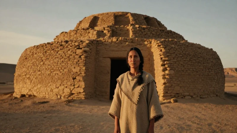 Mujer Pueblo ante ruinas de kiva al atardecer