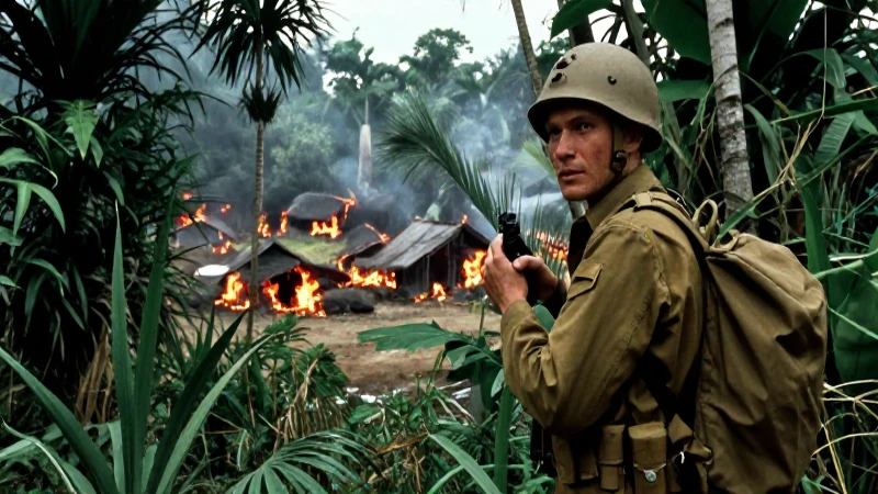 Cuál fue el impacto y significado de la Ofensiva del Tet en Vietnam 23 Soldado en jungla con aldea quemada de Vietnam