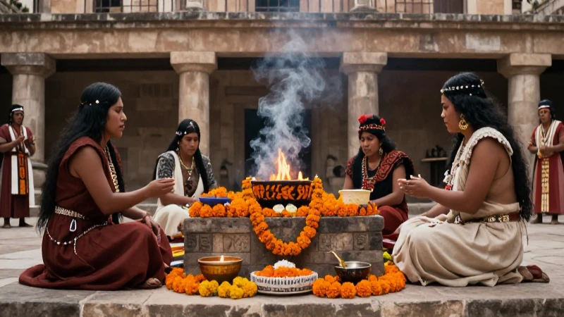 json{ respuesta: Altar mexica con rituales, copal y flores.}