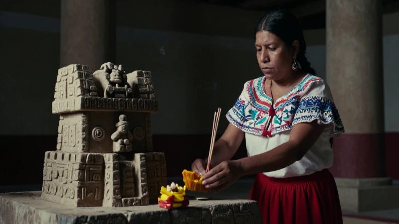 Mexica mujer ofrece copal en altar antiguo