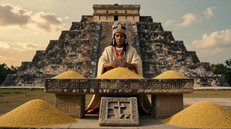 Sacerdote mexica, altar de amaranto y pirámide