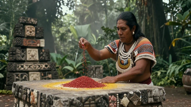 Sacerdote mesoamericano ofrece ofrenda ritual en la jungla