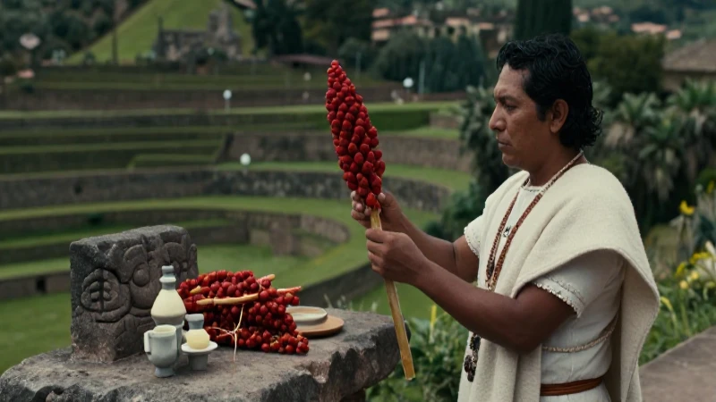 Sacerdote ritual con amaranto en altar antiguo