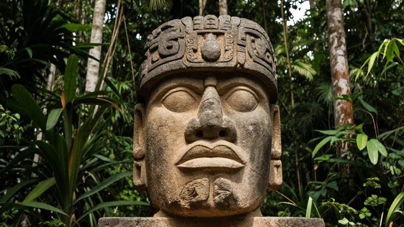 Cabeza colosal olmeca en el bosque de Olancho