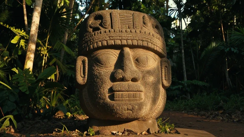 Arte olmeca en selva con luz dorada