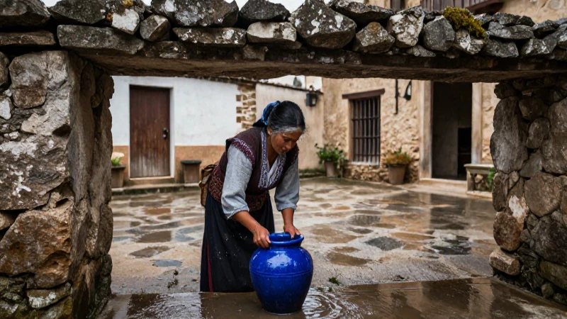 Cómo transforma la lluvia a cántaros tu hogar con ollas azules 4 Mujer recolectando agua en España