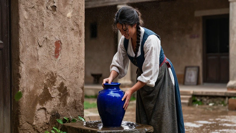 Cómo transforma la lluvia a cántaros tu hogar con ollas azules 7 Mujer en pueblo histórico llena jarra con agua