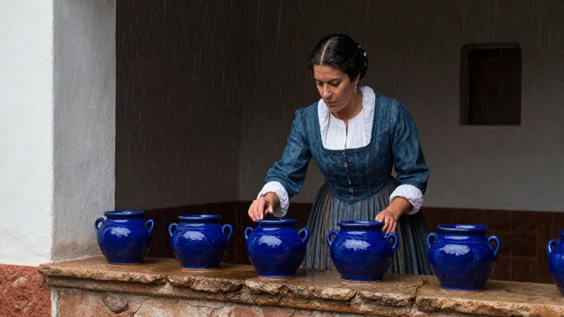 Cómo transforma la lluvia a cántaros tu hogar con ollas azules 6 Mujer del siglo XIX preparando ollas bajo la lluvia
