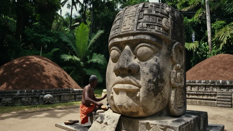 Cabeza olmeca y artesano en selva tropical