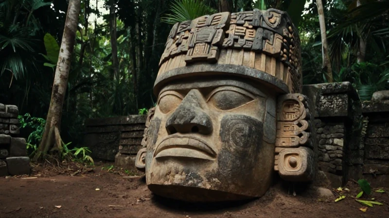 Dignatario olmeca con cabeza de basalto en la selva