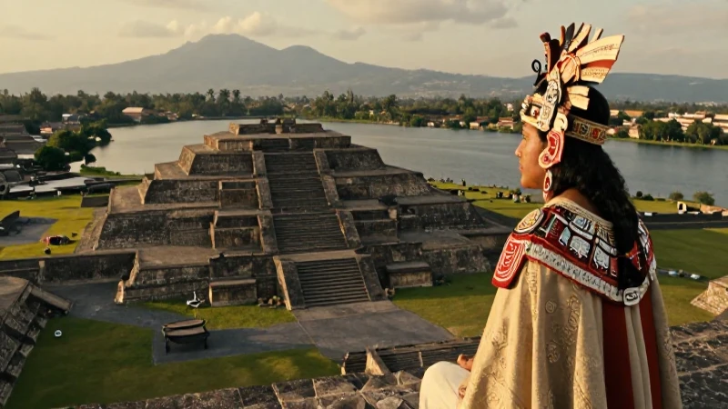 Cuál era la estructura organizativa de la sociedad Mexica 47 Noble Mexica en Tenochtitlan con vista panorámica