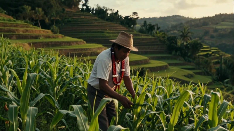 Agricultor indígena cultiva maíz en terrazas antiguas