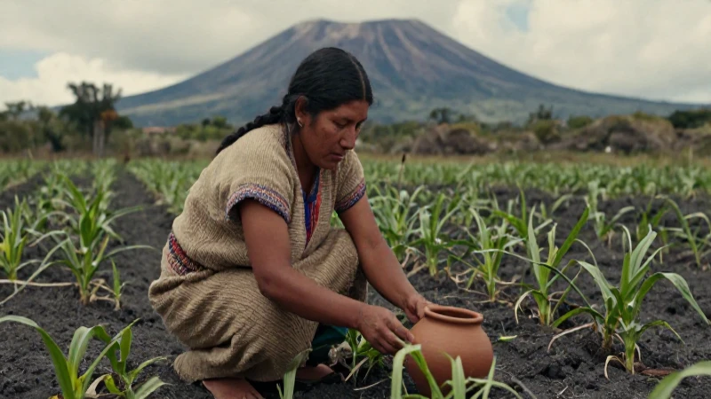 Mujer mesoamericana cultiva maíz en paisaje volcánico
