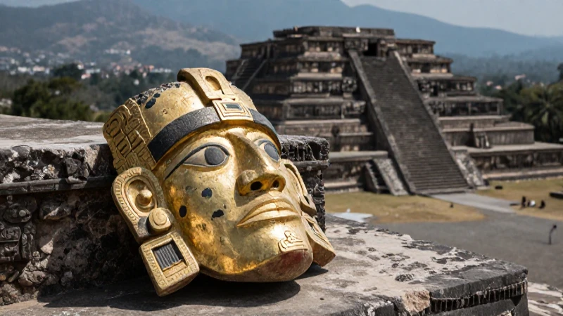 Máscara de oro zapoteca en Monte Albán bajo luz intensa