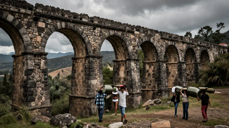 Acueductos antiguos en Zempoala, con gente colonial