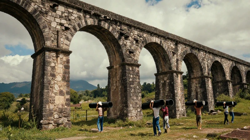 Trabajadores con acueductos coloniales dramáticos