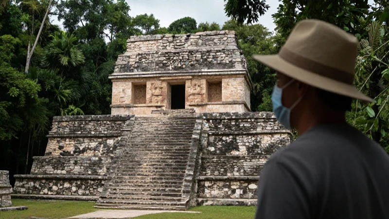 Ruinas de Palenque bajo selva con turista