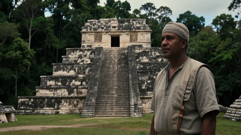 Restaurador en ruinas de Palenque, selva chiapaneca