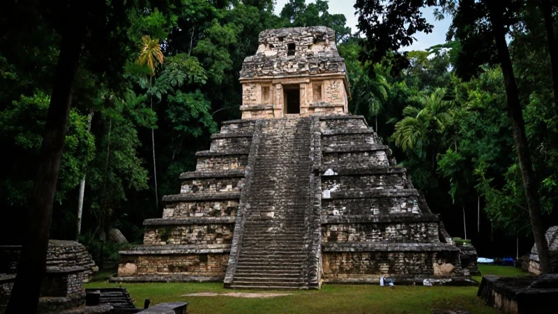 Ruinas mayas en selva bajo luz cinematográfica