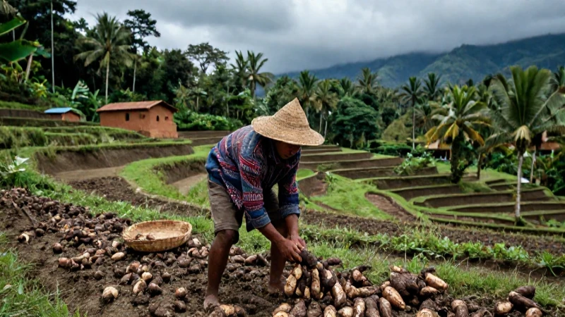 Indígena cosecha camote en campo tropical