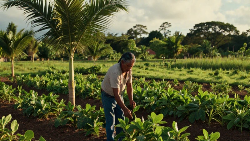 Agricultor indígena cultivando en paisaje dorado