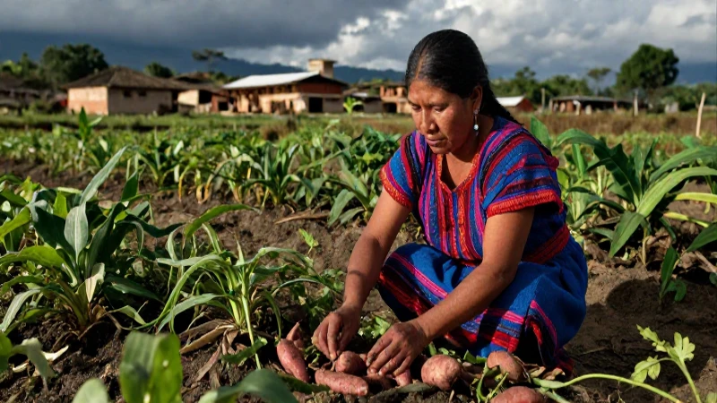 Mujer indígena cosecha en paisaje histórico