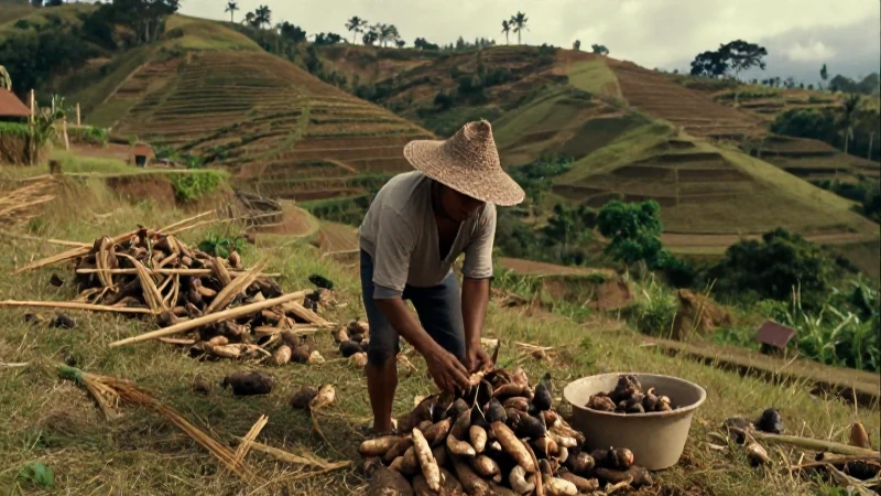 Agricultor cose camotes en paisaje histórico