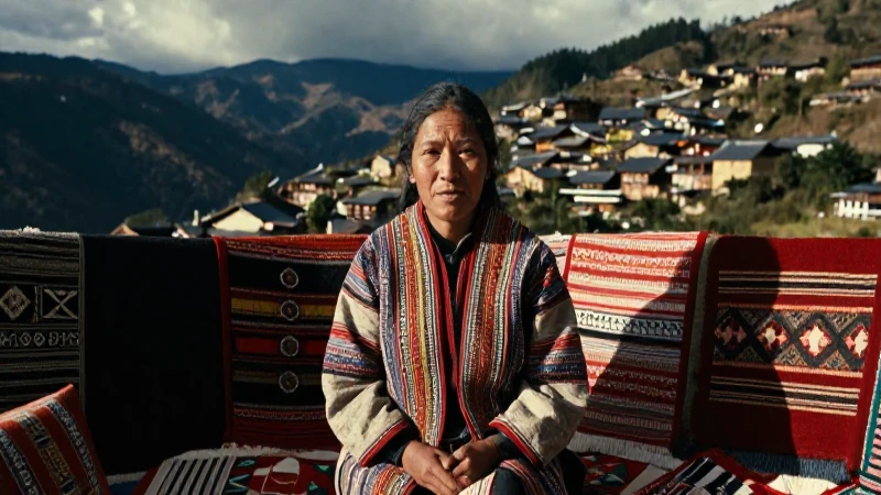 Mujer en atuendo tradicional entre montañas
