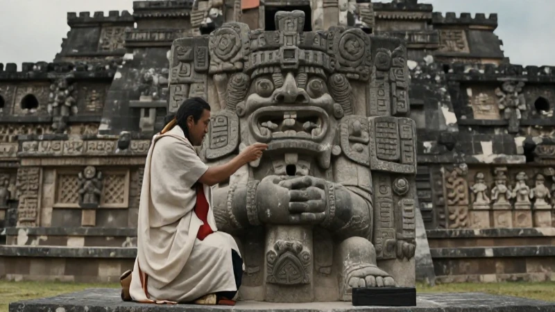 Cuáles son los dioses del Panteón Mexica y su relevancia cultural 19 Sacerdote mexica y Templo Mayor en ritual