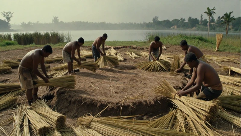 Construcción azteca de chinampa en lago brumoso