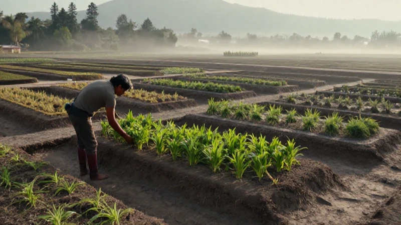 Agricultor azteca en chinampas al amanecer